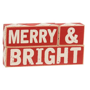 Set of 3 Plaid Merry & Bright Wooden Blocks - Amethyst Designs Country Mercantile