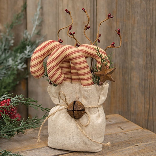 Stuffed Ticking Stripe Candy Canes & Greenery Goody Bag