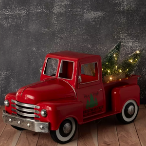 Vintage19" Red Truck and Lit Tree